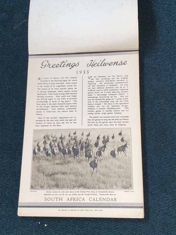1935 SOUTH AFRICA PICTORIAL CALENDAR POSTCARDS