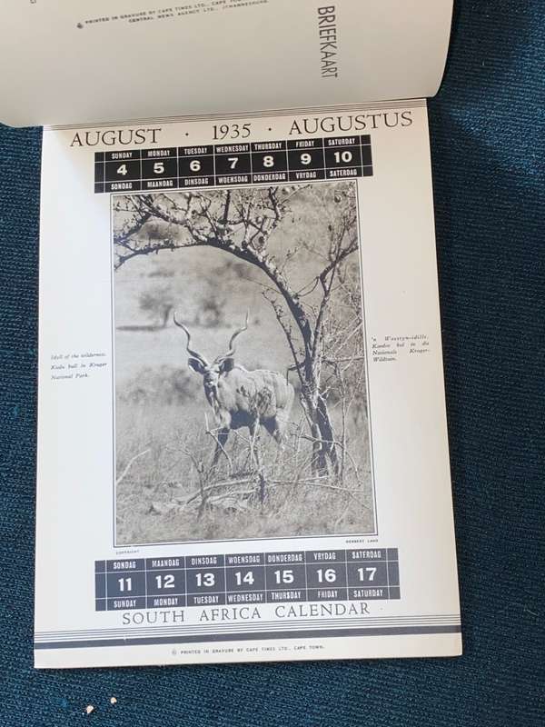 1935 SOUTH AFRICA PICTORIAL CALENDAR POSTCARDS