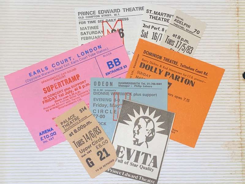 MIXED ENTRANCE TICKETS TO SHOWS IN 1983 LONDON DOLLY PARTON, SUPERTRAMP, DIONNE WARWICK, THEATRES