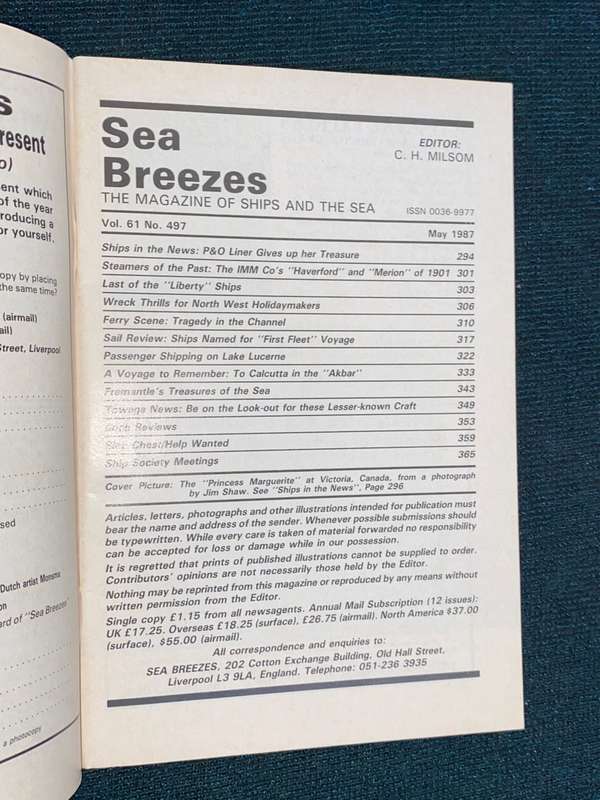 SEA BREEZES THE MAGAZINE OF SHIPS AND THE SEA VOL.61 NO. 497 MAY 1987