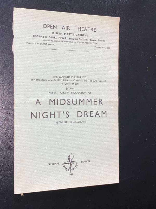 A MIDSUMMER NIGHT`S DREAM PROGRAMME- 1951 OPEN AIR THEATRE QUEEN MARY`S GARDENS