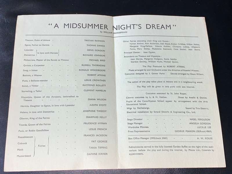 A MIDSUMMER NIGHT`S DREAM PROGRAMME- 1951 OPEN AIR THEATRE QUEEN MARY`S GARDENS