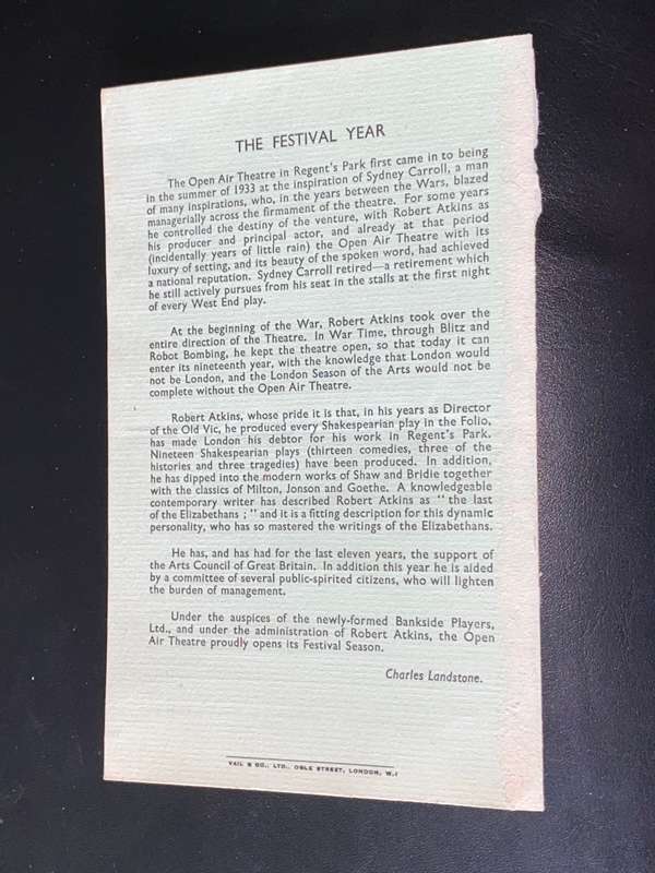 A MIDSUMMER NIGHT`S DREAM PROGRAMME- 1951 OPEN AIR THEATRE QUEEN MARY`S GARDENS