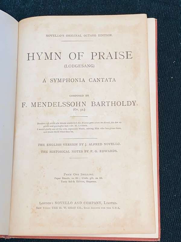 HYMN OF PRAISE LOBGESANG A SYMPHONIA CANTATA COMPOSED BY F. MENDELSSOHN BARTHOLDY