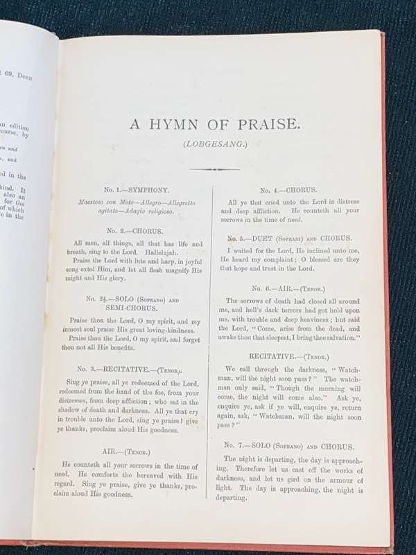 HYMN OF PRAISE LOBGESANG A SYMPHONIA CANTATA COMPOSED BY F. MENDELSSOHN BARTHOLDY