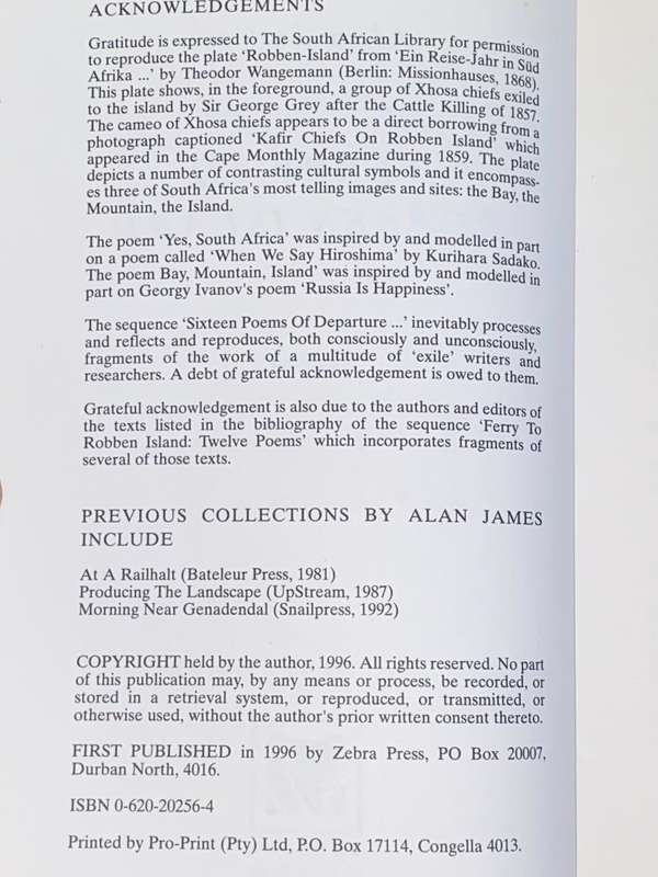 FERRY TO ROBBEN ISLAND POEMS BY ALAN JAMES