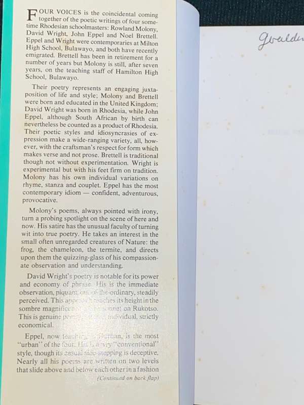 FOUR VOICES POETRY FROM ZIMBABWE BY ROWLAND MOLONY , DAVID WRIGHT, JOHN EPPEL AND NOEL BRETTELL