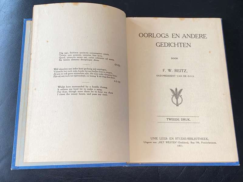 OORLOGS EN ANDERE GEDICHTEN DOOR F.W. REITZ  OUD-PRESIDENT VAN DE O.V.S.  1911