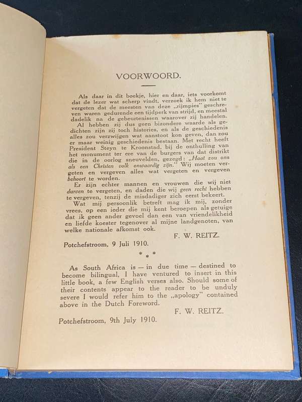 OORLOGS EN ANDERE GEDICHTEN DOOR F.W. REITZ  OUD-PRESIDENT VAN DE O.V.S.  1911