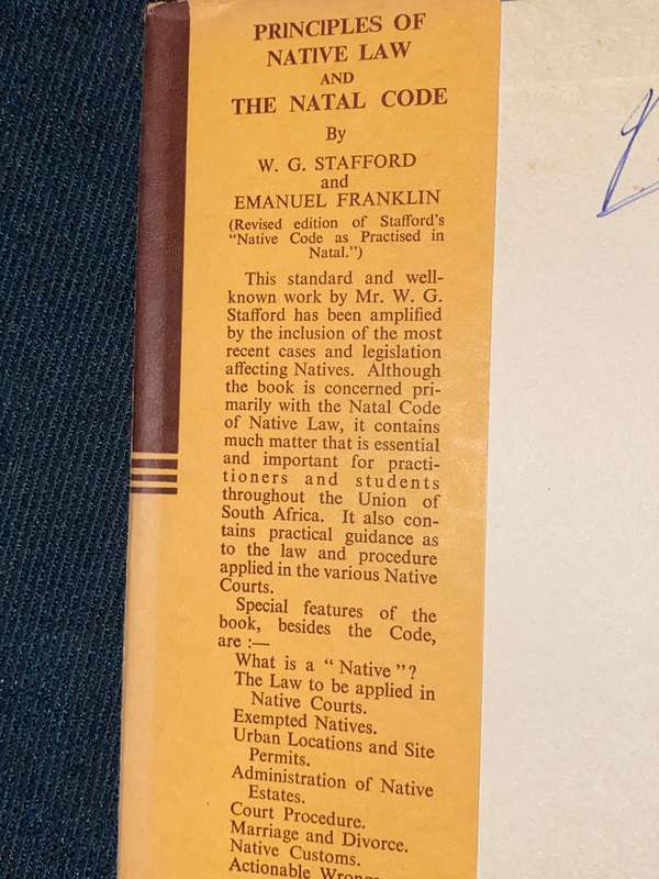 PRINCIPLE OF NATIVE LAW AND THE NATAL CODE BY W.G. STAFFORD & EMANUEL FRANKLIN