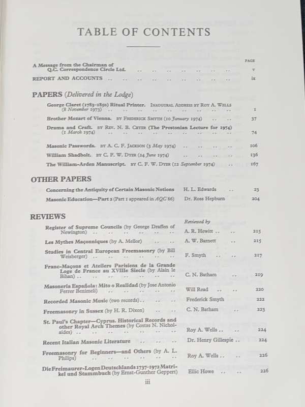 ARS QUATUOR CORONATORUM TRANSACTIONS OF QUATUOR CORONATI LODGE MASONIC NOTES VOL 87 OF 1974