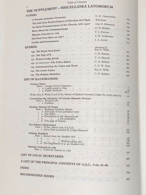 ARS QUATUOR CORONATORUM TRANSACTIONS OF QUATUOR CORONATI LODGE MASONIC NOTES VOL 87 OF 1974