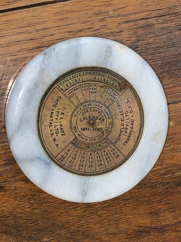VINTAGE MARBLE AND BRASS PERPETUAL CALENDAR  FOR 50 YEARS 1974-2023