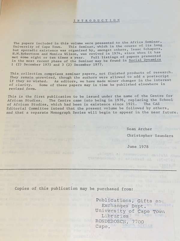 CENTRE FOR AFRICAN STUDIES - AFRICA SEMINAR : COLLECTED PAPERS VOL1/1978