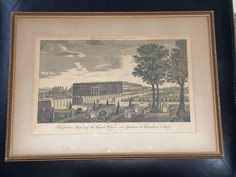 ORIGINAL PRINT OF PERSPECTIVE VIEW OF THE ROYAL PALACE AND GARDENS AT HAMPTON COURT 1775