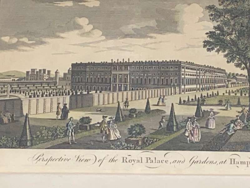 ORIGINAL PRINT OF PERSPECTIVE VIEW OF THE ROYAL PALACE AND GARDENS AT HAMPTON COURT 1775