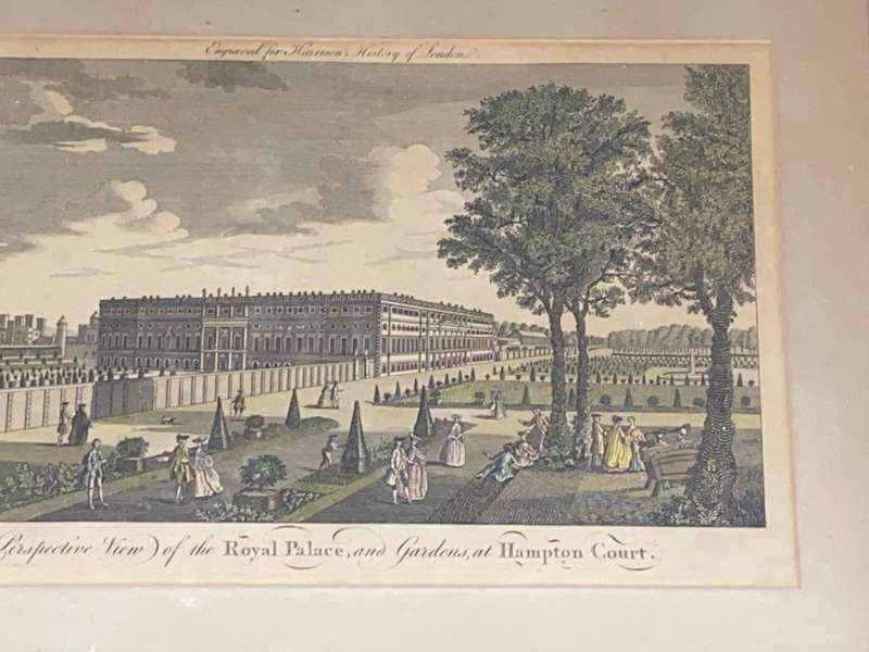 ORIGINAL PRINT OF PERSPECTIVE VIEW OF THE ROYAL PALACE AND GARDENS AT HAMPTON COURT 1775