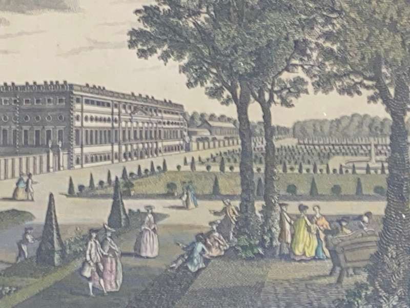 ORIGINAL PRINT OF PERSPECTIVE VIEW OF THE ROYAL PALACE AND GARDENS AT HAMPTON COURT 1775