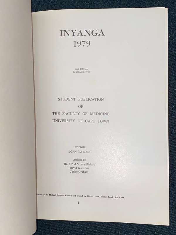 INYANGA 1979  UNIVERSITY OF CAPE TOWN 150 ANNIVERSARY
