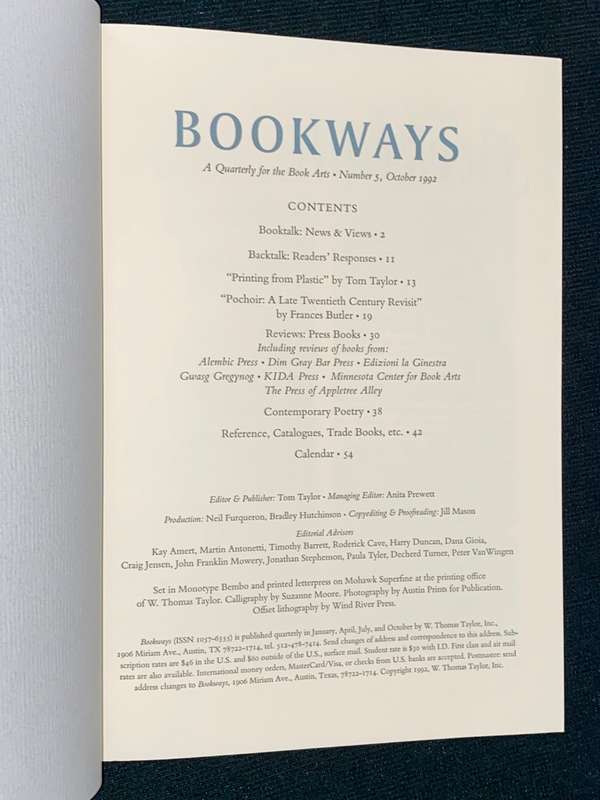 BOOKWAYS A QUARTERLY JOURNAL OF THE BOOK ARTS NO.5 OCT 1992