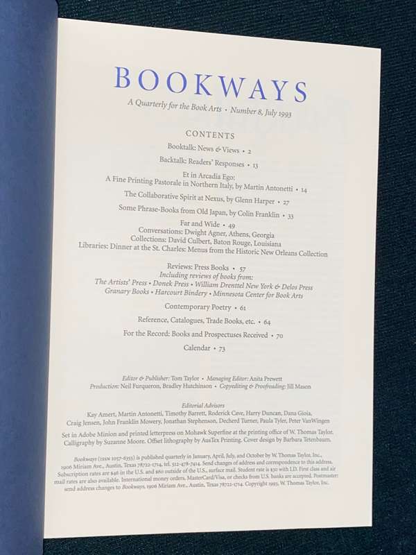BOOKWAYS A QUARTERLY JOURNAL OF THE BOOK ARTS NO.8 JULY 1993