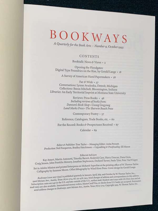 BOOKWAYS A QUARTERLY JOURNAL OF THE BOOK ARTS NO.9 OCT 1993