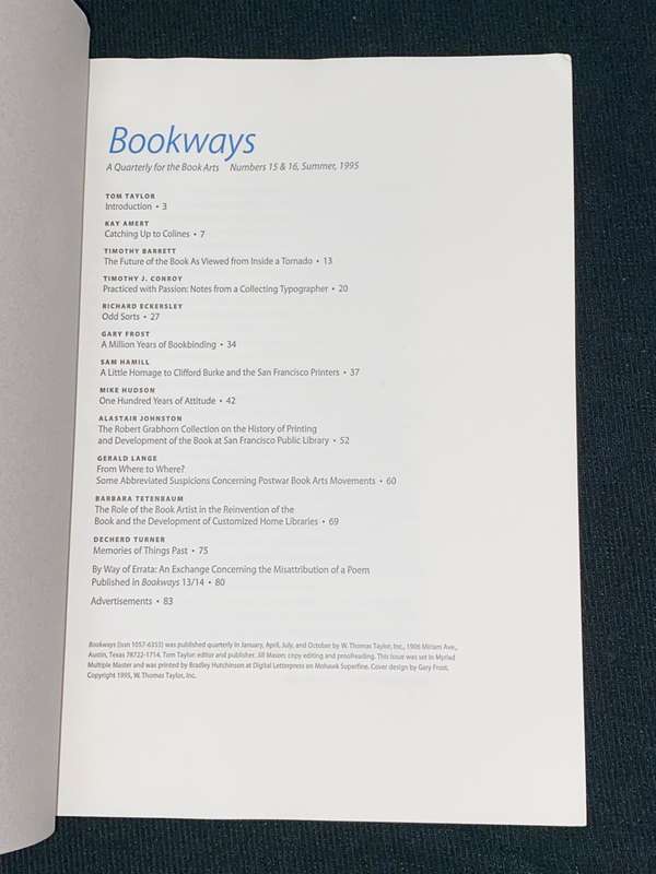 BOOKWAYS A QUARTERLY JOURNAL OF THE BOOK ARTS NO.15 & 16 SUMMER 1995