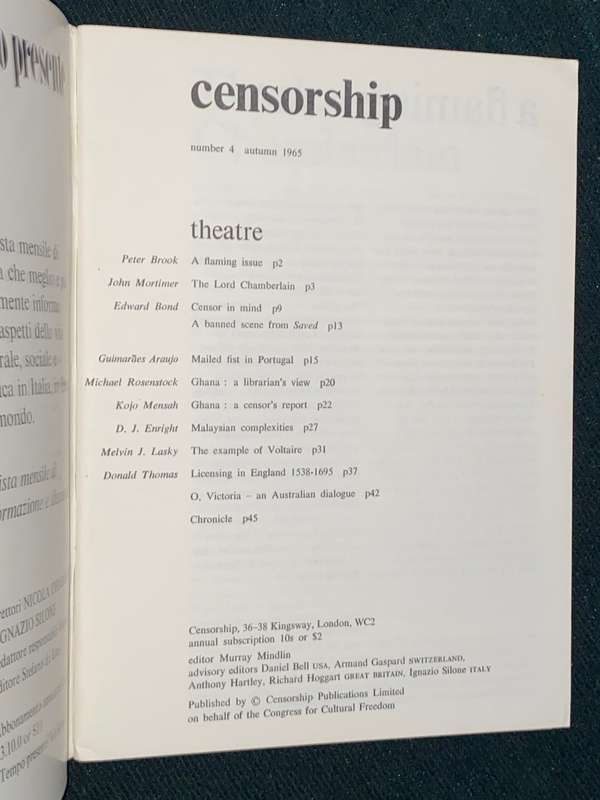 CENSORSHIP A QUARTERLY REPORT ON CENSORSHIP OF IDEAS AND THE ARTS NO4 AUTUMN 1965
