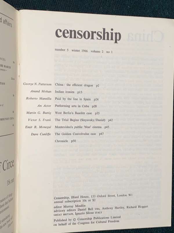 CENSORSHIP A QUARTERLY REPORT ON CENSORSHIP OF IDEAS AND THE ARTS NO5 WINTER 1966