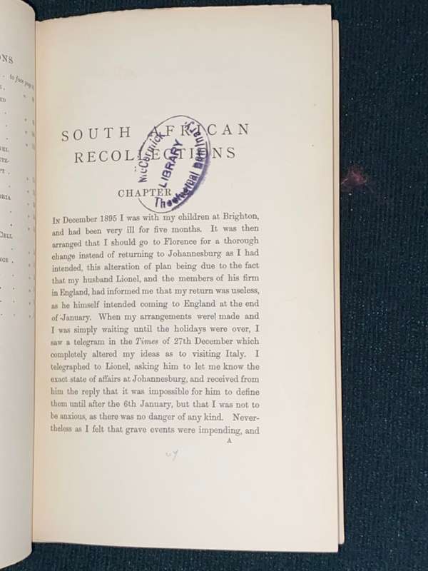 SOME SOUTH AFRICAN RECOLLECTIONS BY MRS. LIONEL PHILLIPS 1899 EX-LIBRARY COPY