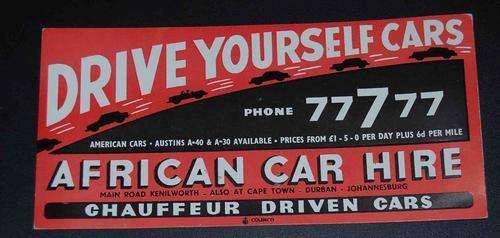 VINTAGE DRIVE YOURSELF CARS AFRICAN CARE HIRE ADVERTISEMENT FLYER