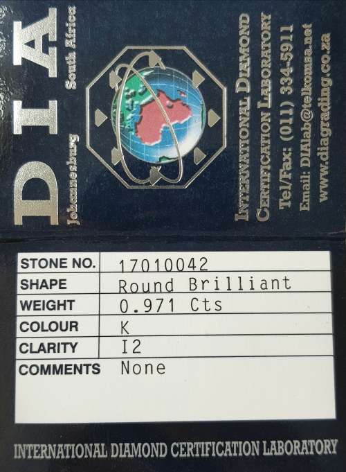 **CERTIFIED | R49212** HUGE | 0.971ct ROUND CUT | COLOUR K | DIAMOND | SOUTH AFRICA - BUY SAFE