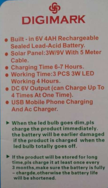 DIGIMARK SOLAR LIGHTING SYSTEM WITH RECHARGEABLE LIGHT