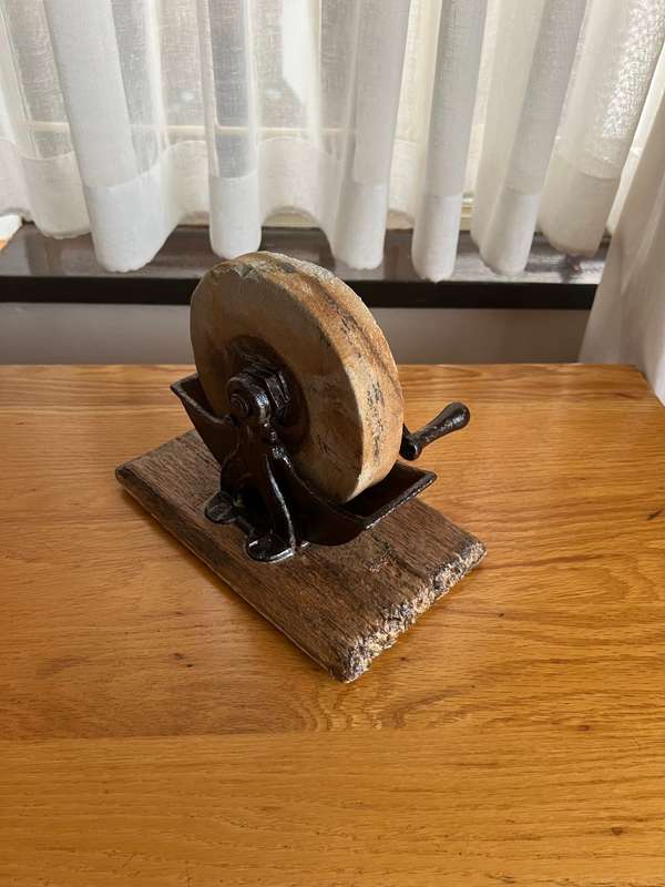 Antique HB&M hand crank grinder/sharpening wet stone wheel with water trough.