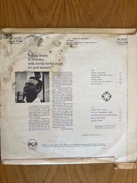 Record: Songs of Christmas.  Jim Reeves.