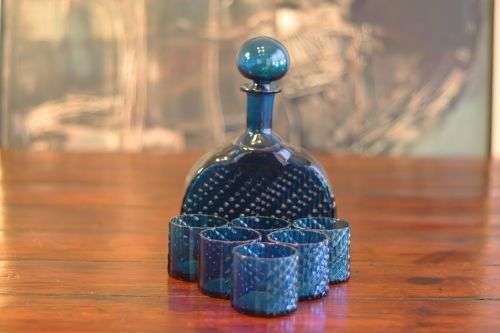 Retro 60s Vintage Riihimaki Lasi Flindari Carafe Decanter & 6 glasses by Nanny Still: Petroleum Blue