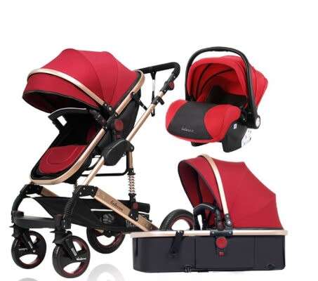Baby Pram / Stroller - 3 Function Fold-able Baby Pram with Car Seat- Maroon