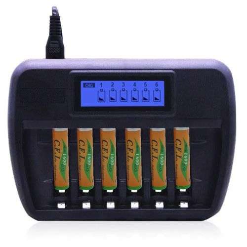 Battery Charger, Intelligent with LCD + 6 AAA High Capacity Batteries Included