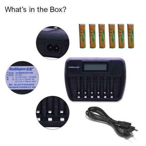 Battery Charger, Intelligent with LCD + 6 AAA High Capacity Batteries Included