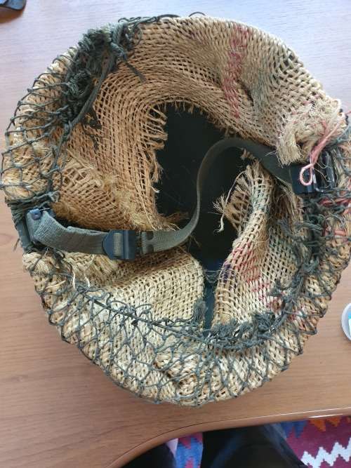 SADF Border War infantry helmet with camo net and strap