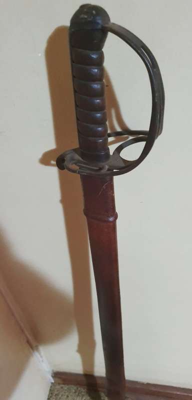 British 1845 Pattern Sword Wilkinson type blade with leather scabbard