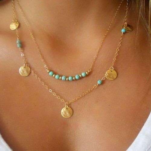 Gorgeous Boho Gold plated turquoise multi layer necklace