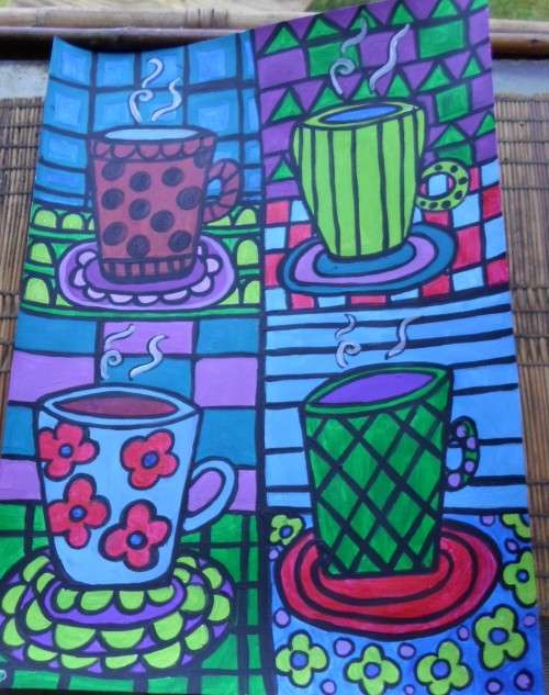 Gorgeous folkart coffee cups. Acrylic done on a light board. A4 size. Artist HS