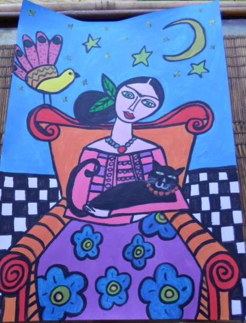 Gorgeous folkart Frida summers eve. Acrylic done on a light board. A4 size. Artist HS