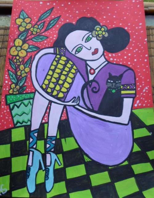 Gorgeous folkart Tap dancers dally. Acrylic done on a light board. A4 size. Artist HS