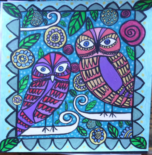Gorgeous Folkart Two Hoots acrylic artwork. On a light Board ready to frame. slightly bigger than A4