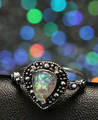 Stunning Tibetan silver sim opal tear drop ring