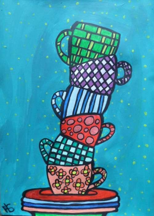 Gorgeous folkart Stack of cups. Acrylic done on a light board. A4 size. Artist HS
