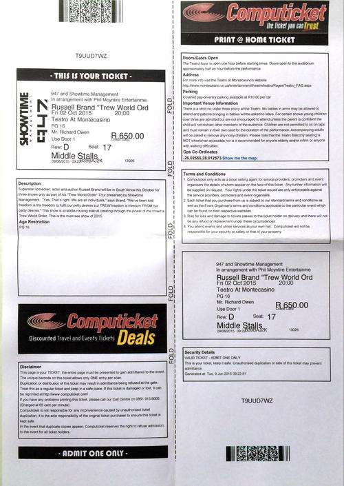 One Ticket to Russell Brand Live At Montecasino Friday 2nd October 2015