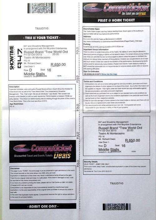 One Ticket to Russell Brand Live At Montecasino Friday 2nd October 2015